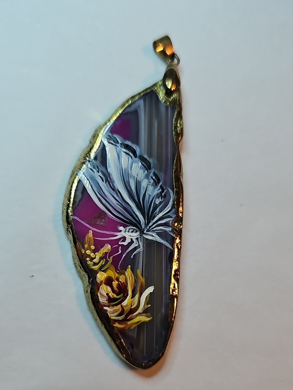 Hand-Painted Floral Agate Slice Pendant in Purple and Gold